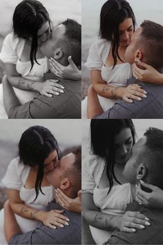 a couple kissing each other while sitting on a bench in front of the ocean with their arms around each other