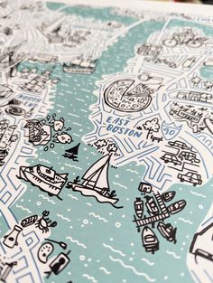 a blue and white map with boats on it