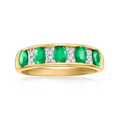 Ross-Simons - 1.00 ct. t. w. Emerald Band Ring in 14kt Yellow Gold. Size 7. Add some spice to your stack with a bold hue! This classic band ring features five vibrant 1.00 ct. t. w. oval emeralds sparked by diamond accents in white rhodium. Crafted in 14kt yellow gold. 3/16" wide. Emerald band ring. Emerald birthstones are the perfect gift for May birthdays. May Birthdays, Emerald Band Ring, Emerald Band, Emerald Birthstone, May Birthday, Ring Emerald, Sparkling Diamond, Ring With Diamond, Emerald Ring