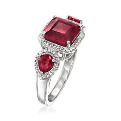 Ross-Simons - 3.40 ct. t. w. Ruby Ring in Sterling Silver. Size 8. Look ravishing in red when you don this three-stone ring! A 2.80 carat square ruby is sided by .60 ct. t. w. pear-shaped rubies in a shiny setting of polished sterling silver. 3/8" wide. Ruby ring. Ruby birthstones are the perfect gift for July birthdays. Ruby Birthstone, Ring Ruby, July Birthday, Three Stone Rings, Ruby Ring, Three Stone, Stone Ring, Pear Shaped, Pear