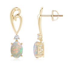 Suspended from a contemporarily designed heart shaped motif is a fascinatingly beautiful opal. Set in 14K yellow gold, the oval opal enthralls with its play of colors. A brilliant cut round diamond is placed right below the heart motif, adding a hint of sparkle to these oval opal earrings. Gold Bracelet Indian, Gold Earrings Aesthetic, Diamond Ring Shape, Modern Gold Ring, Statement Earrings Wedding, Plain Gold Ring, Opal Drop Earrings, Heart Motif, Antique Diamond Rings