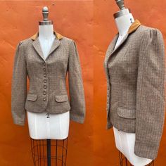 "Vintage Women's 1970s blazer Gold, Brown, Teal  Lined pockets buttons Velvet collar puffed sleeves EUC Bust: 34\" Waist: 28\" Shoulder to hem front: 21\" Shoulder to sleeve hem: 22\"" Fitted Houndstooth Tweed Jacket With Lapel Collar, Fitted Button-up Tweed Jacket With Pockets, Fitted Tweed Blazer With Buttons, Retro Winter Tweed Jacket For Workwear, Vintage Button-up Tweed Jacket For Fall, Vintage Tweed Jacket With Lapel Collar For Office, Fitted Button-up Tweed Jacket For Fall, Fitted Spring Tweed Jacket Button-up, Fitted Retro Tweed Jacket For Winter