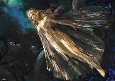 a painting of a woman flying through the air with her hair blowing in the wind