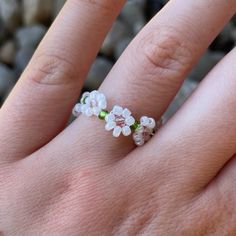 Designed by Kenna is %100 homemade and ecofriendly.  - The perfect gift - Free domestic shipping - Small business that makes everything by hand and with love in the U.S. Green Flower, Flower Jewelry, Flower Jewellery, Green Flowers, White Ring, Stackable Rings, Mother Daughter, Handmade Ring, Pink And Green