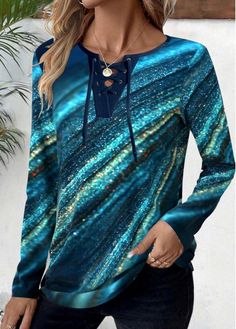 Color:Peacock Blue;Size:S;Size:M;Size:L;Size:XL;Size:XXL;Package Contents:1 X T Shirt;Occasion:Other;Style:Casual; Blue Long Sleeve Printed T-shirt, Blue V-neck T-shirt For Fall, Casual Printed Turquoise Tops, Casual Turquoise Printed Top, Long Sleeve Turquoise Tops For Fall, Turquoise Long Sleeve Tops For Fall, Geometric Clothing, Ombre Lace, Peacock Blue