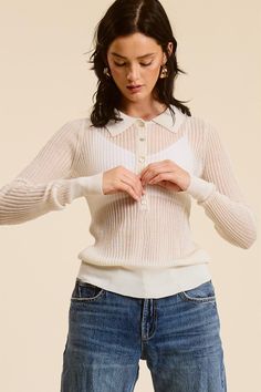 FINAL SALE - NO RETURNS. Feel free to email us at hello@shopmaude.com regarding sizing, fit, or our return policy. Get ready to turn heads in our Sheer Knit Top. This unique long sleeve top boasts a sheer ribbed knit design, with a contrasting button-up collar and solid sleeve cuffs. Pair it with a bralette for a bold and daring look. Who said layering had to be boring?! XS fits sizes 0 - 2. S fits sizes 4 - 6. M fits sizes 6 - 8. L fits size 10 - 12. Sheer Knit Top, Personalised Jewellery Necklaces, Levis Outfit, Sheer Knit, Skirt Jumpsuit, Safari Style, Lifestyle Trends, Knitwear Tops, Who Said