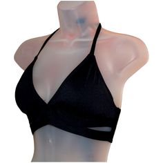 Halter Style Lightly Padded, Bikini Top Black Stretch Strappy Swimwear, Black Trendy Tankini For Beach Season, Trendy Black Tankini For Beach Season, Black Triangle Top Tankini For Beachwear, Black Stretch Tankini Bra Friendly, Chic Black Tankini With Triangle Top, Black Stretch Halter Top For Beach, Black Seamless Crop Top Swimwear, Stretch Black Halter Top For Sunbathing