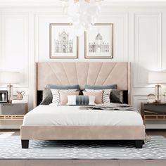 a large bed sitting in a bedroom on top of a blue and white carpeted floor