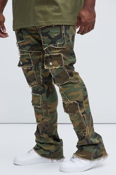 Available In Camouflage. Flared Fit Zip Fly 97% Cotton 3% Spandex Disclaimer: Pattern Placement May Vary. Disclaimer: Due To The Specialized Distressing & Wash Process, Each Garment Is Unique. Button Closure 5 Pocket Detail Cargo Pockets Frayed Detail Open Hem Imported | Mens Let's Go Fray Cargo Skinny Flare Pants in Camouflage size 38 by Fashion Nova