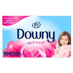 downy baby wipes with freshness, pink flowers and blue sky in the background