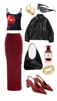 red rockstar gf outfit inspo #red #rockstargf #ootd #inspo #outfit #aesthetic #outfit Long Skirt Outfits Aesthetic, Red Concert, Shein Clothes, Red Long Skirt, Skirt Outfits Aesthetic, Scorpio Rising, Cherry Girl