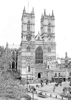 a drawing of a cathedral with people walking around it