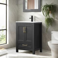 a white toilet sitting next to a sink in a bathroom under a mirror and a potted plant