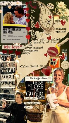 the collage is made up of many different pictures and words, including one woman in a white dress