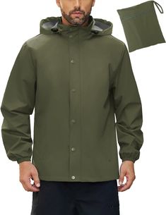 PRICES MAY VARY. Waterproof Fabric: Our waterproof and windproof rain jacket features a durable water repellent coatin, which can keep you dry and cool even in rainy weather. Packable: Men's lightweight rain jacket carries with packable carrying pouch, easy to keep in your handbag, travelling bag, suitcase or car, especially suit for travel. Design: Men's rain coat is designed with a stow-away and adjustable hood with drawcord, elastic cuffs,adjustable hem with drawcord, two air holes under the Mens Rain Jacket, Mens Raincoat, Rainy Weather, Waterproof Fabric, Water Repellent, Rain Jacket