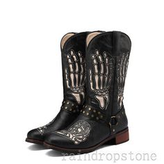 Men Embroidered Cowboy Boots Round Toe Western Shoes Square Head Casual Vintage | eBay Skull Cowboy Boots, Casual Embroidered Snip Toe Boots, Casual Round Toe Boots For Halloween, Punk Cowboy, Steel Cap Boots, Goth Cowboy, Embroidered Cowboy Boots, Western Shoes, Ideal Closet