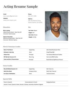 the acting resume for actors is shown in this image