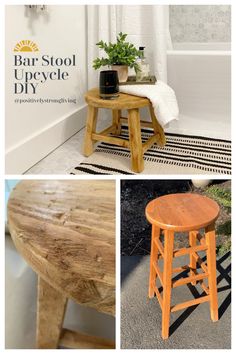 a collage of photos showing different types of stools and tables in the bathroom