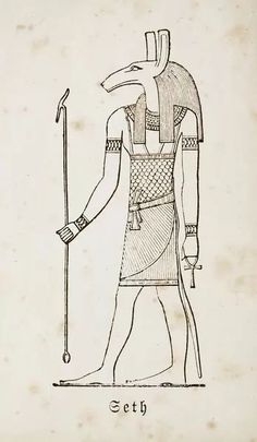 an ancient drawing of the egyptian god setb with his head turned to look like he is holding a staff