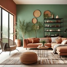 a living room filled with lots of furniture next to a large glass window and potted plants