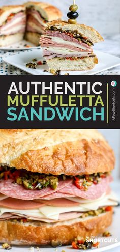 two sandwiches stacked on top of each other with the words authentic muffletta sandwich