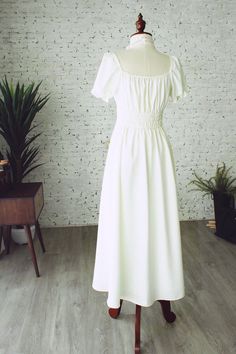 White dress puff sleeve vintage wedding dress long wedding | Etsy Summer Wedding Dress With Puff Sleeves, White Square Neck Maxi Dress For Wedding, White Puff Sleeve Dress With Square Neck, White Puff Sleeve Dress With Ruffles For Wedding, Elegant Maxi Dress With Smocked Bodice For Wedding, White Puff Sleeve Wedding Dress With Ruffles, Elegant Summer Dress For Confirmation, Elegant Wedding Maxi Dress With Smocked Bodice, Elegant Summer Confirmation Dress