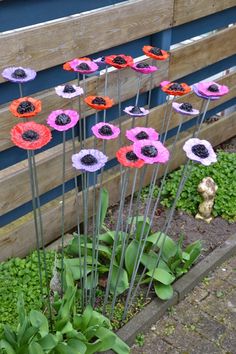 colorful flowers are arranged in the garden by a wooden fence with blue siding behind them