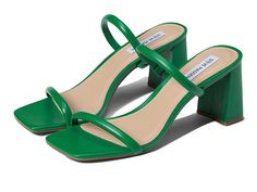 Steve Madden Lilah Sandal - Women's Shoes : Green : Be on-trend with the Steve Madden Lilah Sandal. Slip-on styling with straps at the toes and vamp of the foot. Square, open-toe design. Synthetic upper. Lining, insole, and outsole made of leather material. Flared, block heel. Made in Brazil. Measurements: Heel Height: 2 3 4 in Weight: 8 oz Product measurements were taken using size 8, width M. Please note that measurements may vary by size. Trendy Green Open Toe Slingback Sandals, Adjustable Open Toe Heels With Padded Heel, Adjustable Heel Strap Block Heels With Open Toe, Trendy Sandals With Sculpted Heel, Trendy Synthetic Sandals With Sculpted Heel, Trendy Open Toe Mules With Cushioned Footbed, Spring Synthetic Slingback Sandals With Square Toe, Trendy Block Heel Sandals With Cushioned Footbed, Green Synthetic Slingback Sandals For Spring