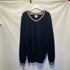 Nwot. This Red, White And Blue Sweater Is Gorgeous. Casual Knit V-neck Sweater With Ribbed Collar, Blue Knit V-neck Long Sleeve Sweater, Casual Blue V-neck Sweater For Winter, Blue Knit Cardigan With Ribbed Cuffs, Blue Cotton V-neck Sweater For Winter, Casual Navy V-neck Sweater For Fall, Blue Cable Knit V-neck Cardigan, Navy Cotton Textured Knit Sweater, Casual Navy Knitted Sweater