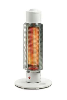 an electric heater sitting on top of a white table