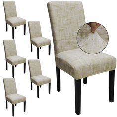 a set of six beige chairs with black legs and a round mirror on the back