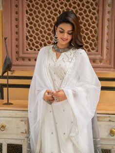 Noor Badli - White & Grey Gota Mirror Work Palazzo Kurta Set (Set of 3) By Maison Shefali now available at Trendroots Psychologist Outfit, Mirror Work Kurti, Palazzo Kurta, Kurta Set For Women, White Kurta, White Mirror, Dresses Indian, Dupion Silk, Embroidered Neckline