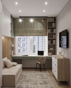 a living room with a couch, desk and bookshelf next to a window