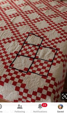 a red and white checkered bedspread with an image of a box on it