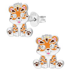 Vibrant Tiger Earrings with Crystals
The 925 Sterling Silver Tiger Stud Earrings with Crystals are an ideal addition to any child's jewelry assortment. We crafted them from 925 sterling silver and silver-plated, ensuring not only a fashionable appearance but also durability. The sterling silver composition guarantees superior quality, while the silver plating imparts an element of refinement.
Main features of the stud earrings:

Crafted from 925 sterling silver
Silver-plated with an e-coat finis Playful Sterling Silver Earrings, Playful Sterling Silver Jewelry, Playful Sterling Silver Hypoallergenic Jewelry, Nickel Free Sterling Silver Earrings For Birthday, Nickel-free Sterling Silver Earrings For Birthday, White Sterling Silver Earrings For Birthday, Playful Hypoallergenic Sterling Silver Jewelry, Playful Sterling Silver Jewelry For Birthday, Kids Jewelry Box