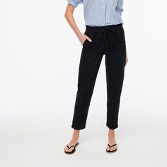 Black. Linen/Cotton. Sits Below Waist. Easy Through Hip And Thigh, With A Straight Leg. 26" Inseam. Drawstring Closure. Slant Pockets. Machine Wash. Side Zip Pants, Grey Slacks, Pant For Women, Ankle Dress Pants, Wide Leg Linen Pants, J Crew Factory, Striped Linen, Pants Straight, Drawstring Pants