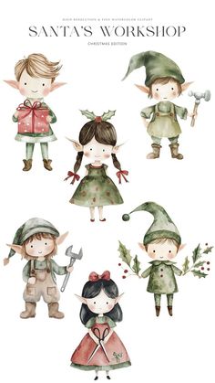 Cute Elf Illustration, Watercolor Christmas Clipart, Christmas Elves Illustration, Father Christmas Illustration, Christmas Elf Clipart, Christmas Stall Ideas, Elf Illustration, Elves Art, Cute Christmas Clipart