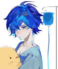 a man with blue hair holding a chicken in his arms and an iv drip next to him