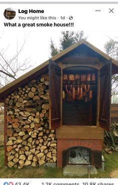 a firewood shed with logs stacked in it