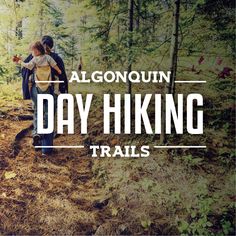 two people walking through the woods with text reading algonquin day hiking trails