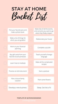 a pink checklist with the words stay at home bucket list