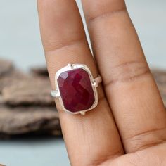 Ruby Gemstone Ring, Bezel Setting Statement Ring, 925 Sterling Silver Ring, Cushion Faceted Red Ruby Gemstone Ring ,July Birthstone Ring- Native-01 Ruby is a red variety of corundum, an aluminum oxide with a hardness of 9. Its crystal system is hexagonal (trigonal). It forms in prismatic, tabular, bipyramidal or rhombohedral crystals. It also occurs in granular or massive habits. It is an extremely hard and durable gemstone. Meaning: Ruby means 'red gemstone'. The name originated from French and Red Gemstone Ring With Rectangular Stone, Ruby Gemstone Rings With Rectangular Stone, Ruby Rings With Rectangular Gemstone, Red Rectangular Gemstone Ring, Rectangular Ruby Ring Gift, Rectangular Ruby Ring For Gift, Sterling Silver Ruby Ring With Gemstone, Red Sterling Silver Ruby Ring, Ruby Ring Gemstone For Gift