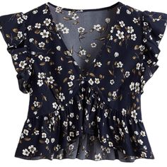 Introducing A Beautiful Blue Floral Print V-Neck Peplum Blouse That Is Perfect For Any Occasion. This Short-Sleeved Top Features Delicate Ruffle Accents And Is Made From High-Quality Polyester Material. It Comes In Size L And Is A Regular Fit. This Blouse Is A Shein Brand Product That Is Ideal For Women Who Love Cropped Style Tops. The Neckline Is Designed To Flatter The Wearer, And The Top Is Perfect For Themed Events Such As Flower Or Fairy Themes. Get This Trendy Top Today And Stand Out From Blusas Crop Top, Trendy Fashion Tops, Quick Outfits, Summer Crop Tops, Peplum Blouse, Crop Top Shirts, Designs For Dresses, Simple Trendy Outfits, Shein Tops