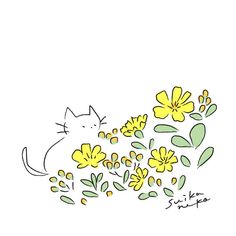 a drawing of a cat and flowers on a white background