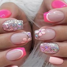 24pcs Glossy Medium Ballet Fake Nails, Pink French Press On Nails With Flower Shiny Sequin Design, Sweet Cool Full Cover False Nails For Women Girls Ballet Nails, Fancy Nails Designs, Colorful Nails, White Nail, Nailed It, Fancy Nails, French Tip Nails, Nail Arts, Manicure E Pedicure