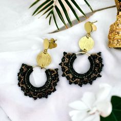 Black Lace Statement Beaded Hoop Drop Earrings - Etsy Black Dangle Hoop Earrings For Festivals, Bohemian Gold Beaded Small Hoop Earrings, Gold Bohemian Beaded Small Hoop Earrings, Gold Beaded Festival Earrings, Gold Bohemian Small Hoop Beaded Earrings, Bohemian Brass Hoop Earrings For Party, Gold Beaded Brass Hoop Earrings, Bohemian Small Hoop Earrings With Gold Beads, Gold Bohemian Hoop Earrings With Dangling Beads