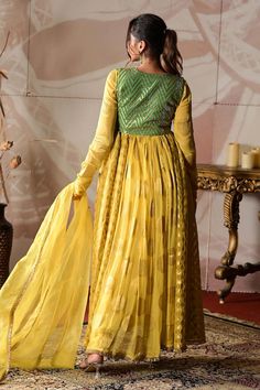 Yellow and green banarasi georgette flared anarkali with cutdana hand embroidery. Comes with stretch satin churidar, a banarasi brocade jacket and an organza dupatta. - Aza Fashions Green Chanderi Maxi-length Dupatta, Green Chanderi Maxi Length Dupatta, Pista Green Churidar With Zari Work And Long Sleeve, Green Georgette Dupatta With Dabka Details, Green Georgette Dupatta With Dabka, Pista Green Anarkali Dress In Georgette, Green Churidar With Resham Embroidery And Long Sleeves, Green Long Sleeve Chanderi Churidar, Green Long Sleeve Anarkali Set With Resham Embroidery