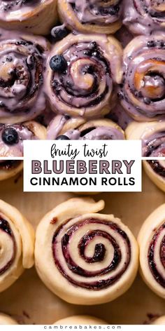 blueberry cinnamon rolls with icing on top and the words, enjoy just blueberry cinnamon rolls