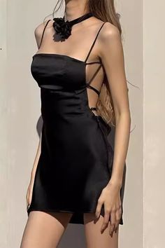 black satin backless strappy dress, sleek mini dress, sexy short dresses, boogzel clothing Mini Satin Dress Outfit, Black Backless Dress Short, Satin Dress Outfit, Backless Dress Black, Sleek Back, Backless Dress Short, Girl Aesthetics, Egirl Clothes, Black Backless Dress