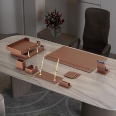 an office desk with various items on it